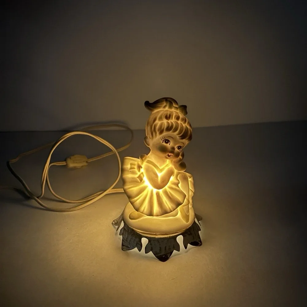 Vtg Rustic Cottage Porcelain Ballerina Night Light Yellow Dress Metal Stand Plug
